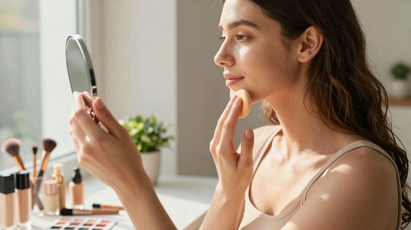 A woman checking her complexion in the mirror while applying foundation