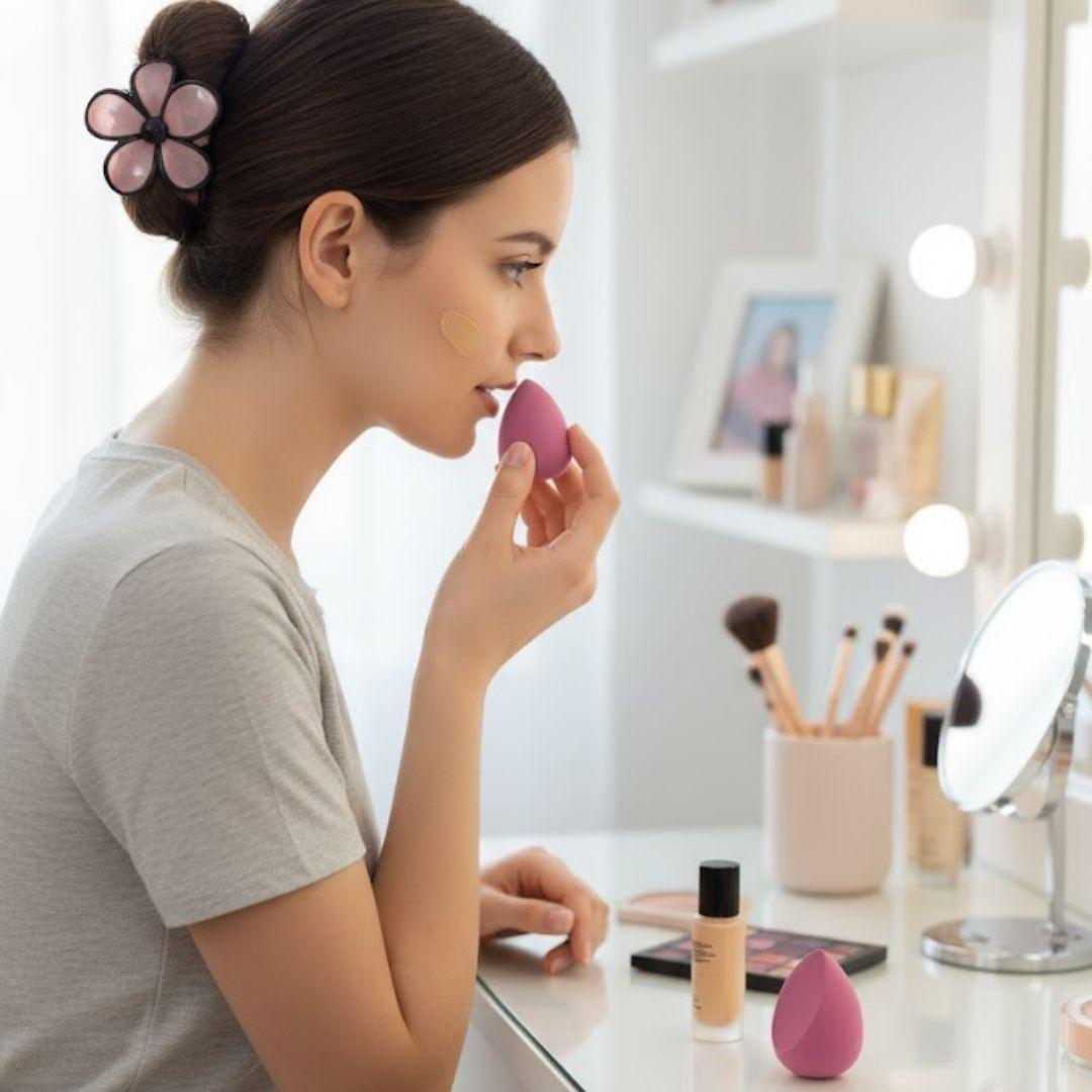 A woman carefully applying foundation with a makeup sponge