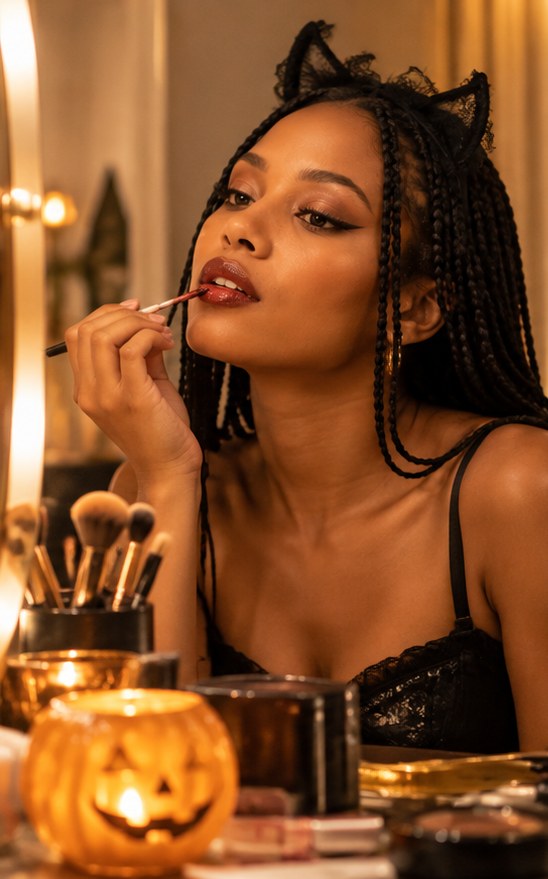 Halloween makeup preparation at a vanity